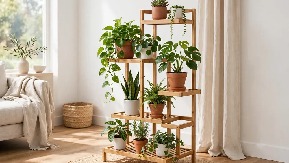 Tiered bamboo plant shelf displaying green houseplants in a bright room – home decor idea