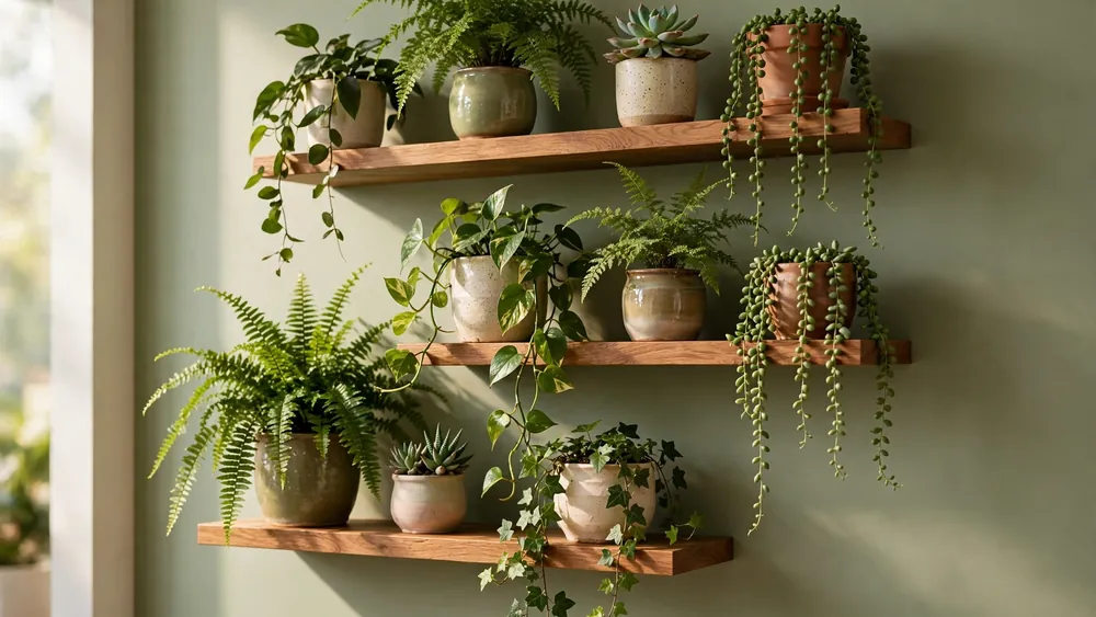 Wooden wall shelves filled with lush green houseplants – home decor idea
