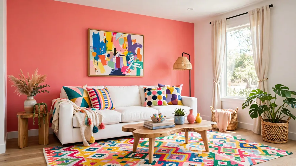 Playful living room with coral pink accent wall, white sofa, colorful cushions and abstract art – home decor idea