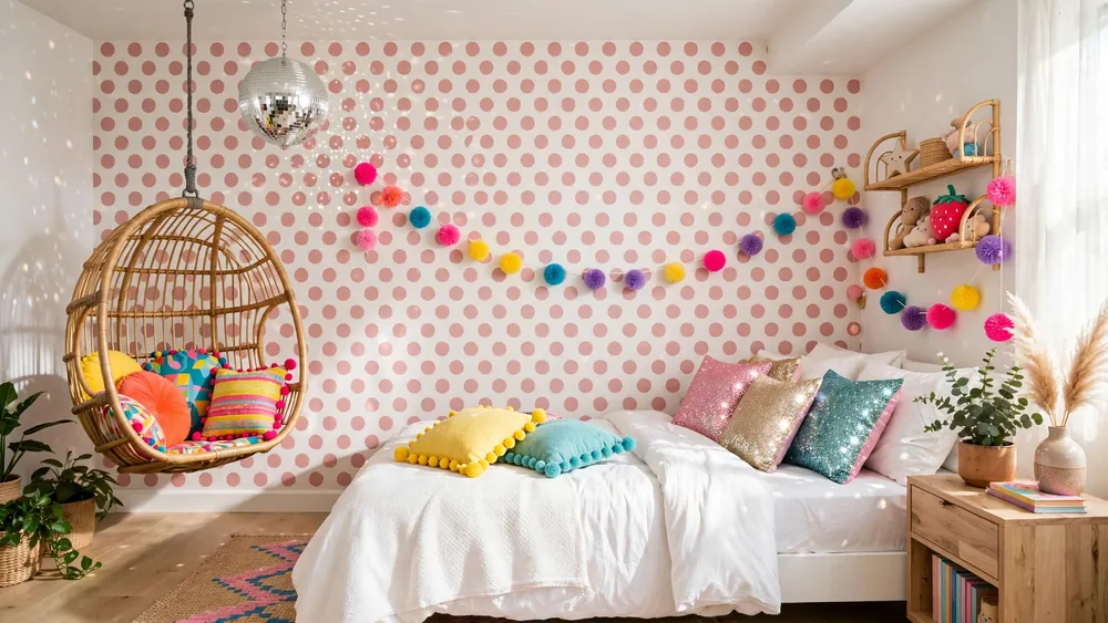 Playful teen girl bedroom with hanging rattan egg chair, pink polka dot wallpaper, disco ball and colorful pom-pom garland – home decor idea