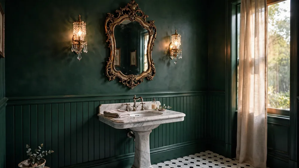 Elegant powder room with deep green walls, vintage brass mirror and glowing sconces – home decor idea