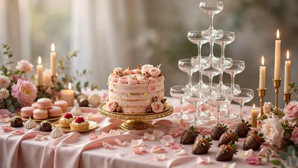 Romantic blush pink dessert table with rose-topped cake, champagne coupe tower, macarons and glowing candles – home decor idea