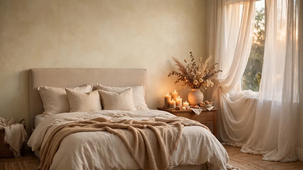 Romantic bedroom with ivory limewash textured plaster wall, linen headboard, glowing candles and dried flowers – home decor idea