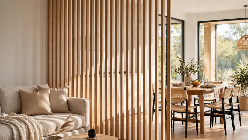 Bright open-plan living space divided by an elegant wooden slat room divider with sofa and dining area – home decor idea