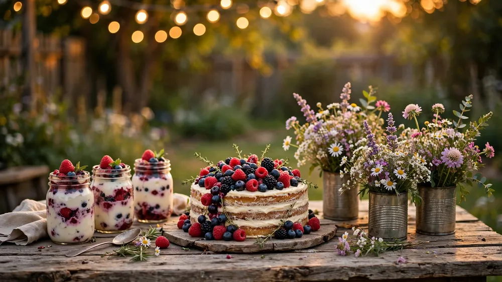 Rustic backyard dessert table at golden hour with berry naked cake, mason jar desserts, wildflowers and string lights – home decor idea