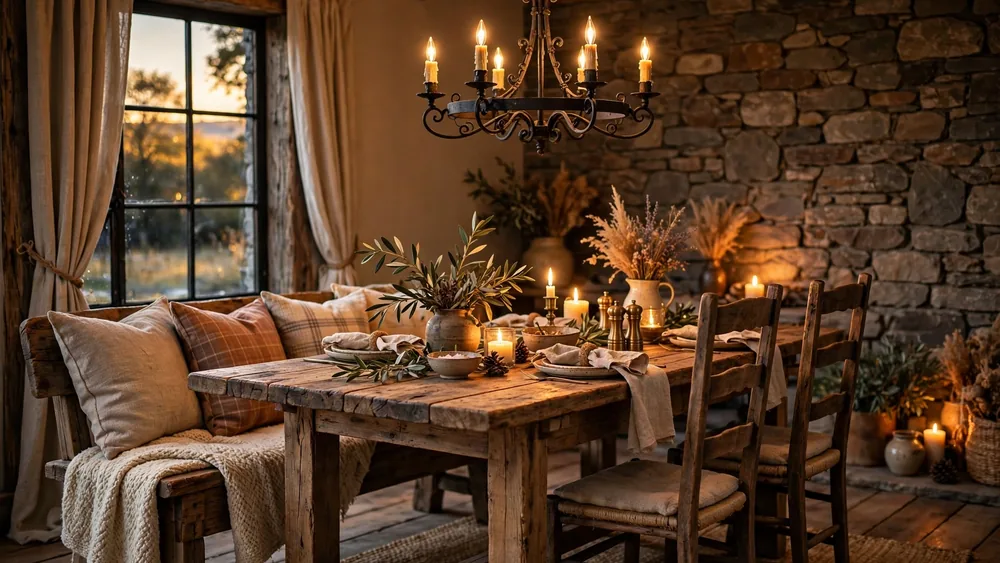 Rustic dining room with reclaimed wood table, wrought-iron chandelier and stone wall – home decor idea