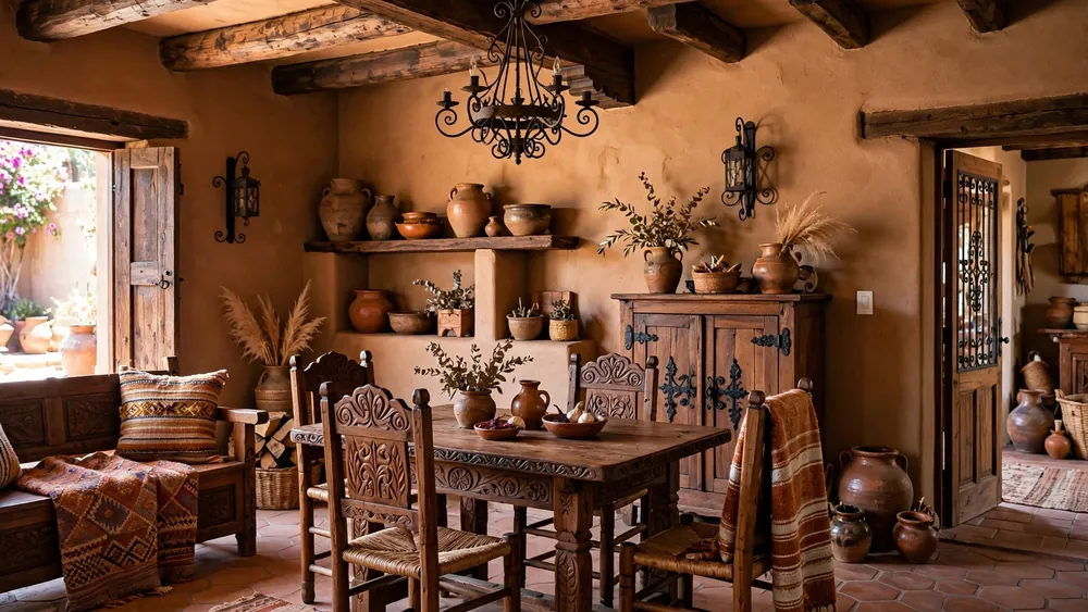 Rustic Mexican dining room with adobe walls, wood vigas beams, hand-carved furniture and clay pottery – home decor idea