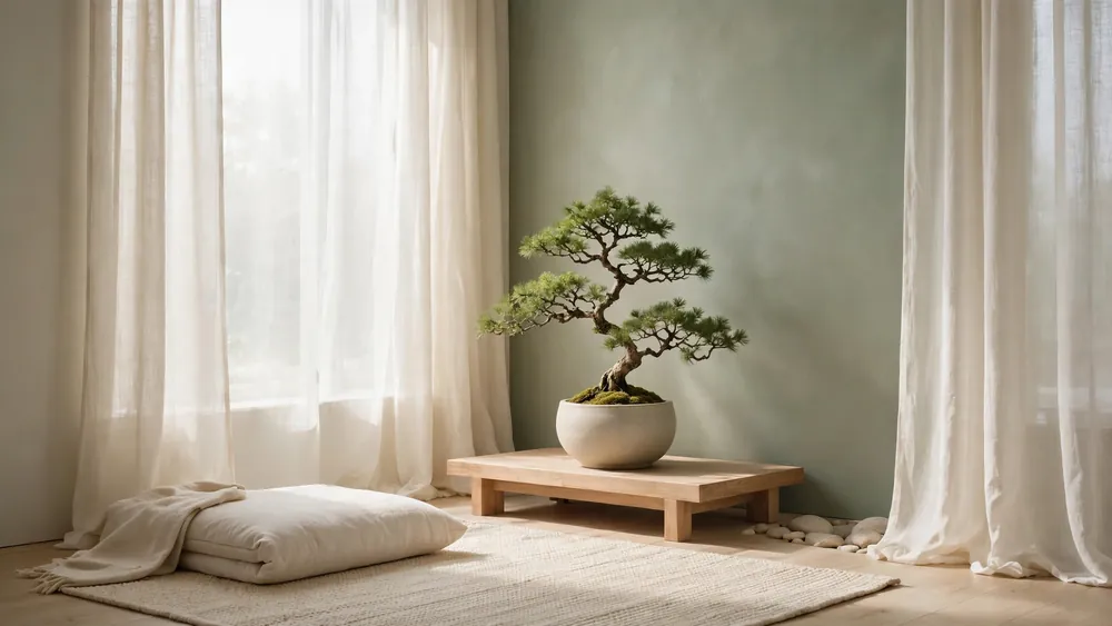 Serene meditation corner with zen bonsai tree in a ceramic pot on a wooden stand beside a floor cushion – home decor idea
