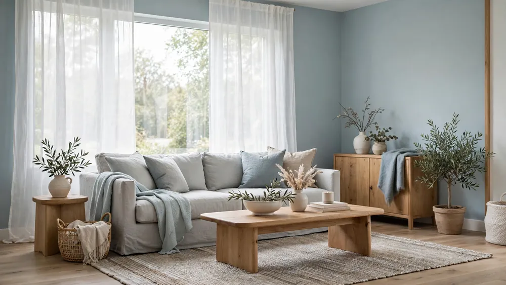 Serene living room in soft blue-gray tones with light gray sofa, sheer curtains and wood accents – home decor idea