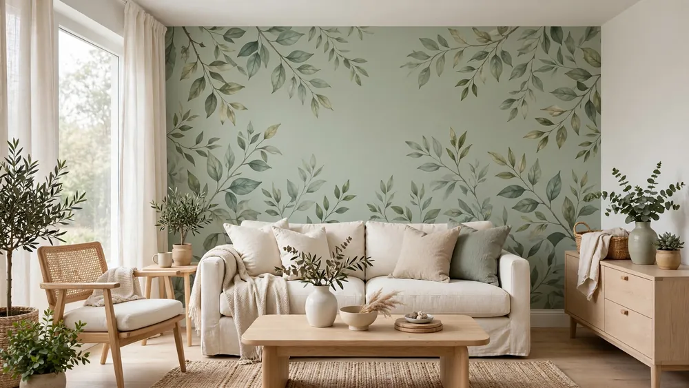 Serene living room with sage green botanical leaf wallpaper and cream linen sofa – home decor idea