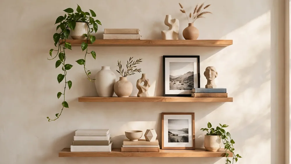 Living room wall with beautifully styled floating shelves and curated decor – home decor idea