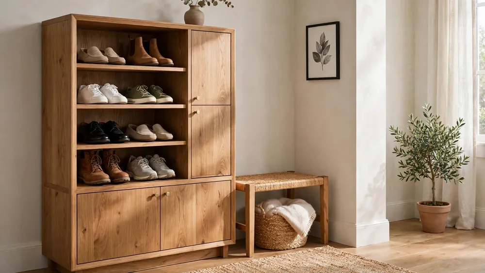 Organized shoe storage cabinet with neatly arranged shoes in an entryway – home decor idea
