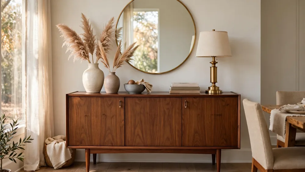 Styled walnut sideboard with round mirror, vases with pampas grass and books – home decor idea