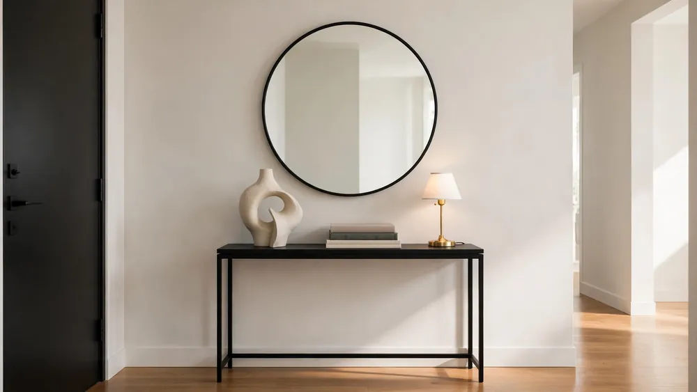 Sleek modern entryway with black console table, round mirror, sculptural vase and brass lamp – home decor idea