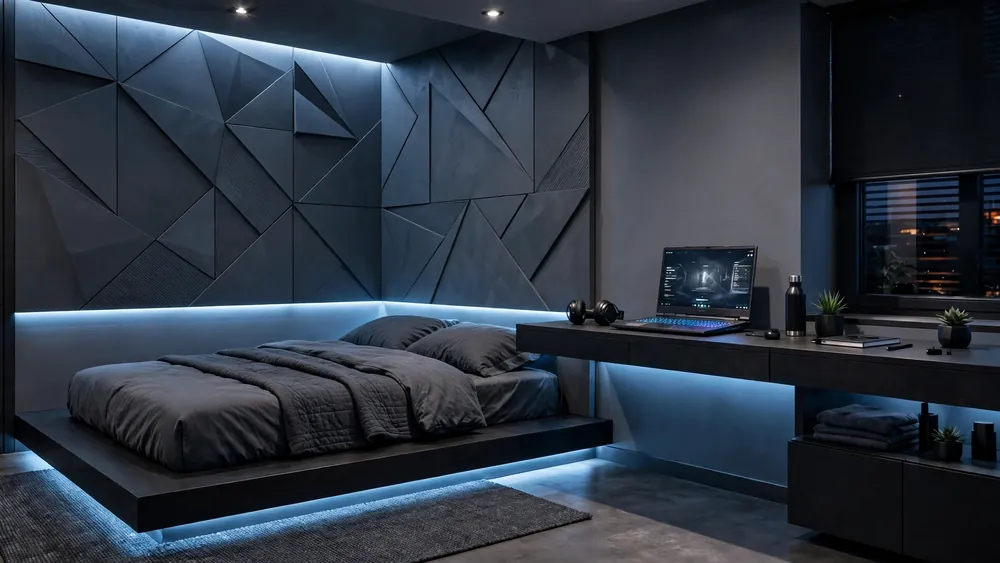 Sleek modern boys bedroom with geometric dark accent wall, floating black platform bed and floating desk – home decor idea