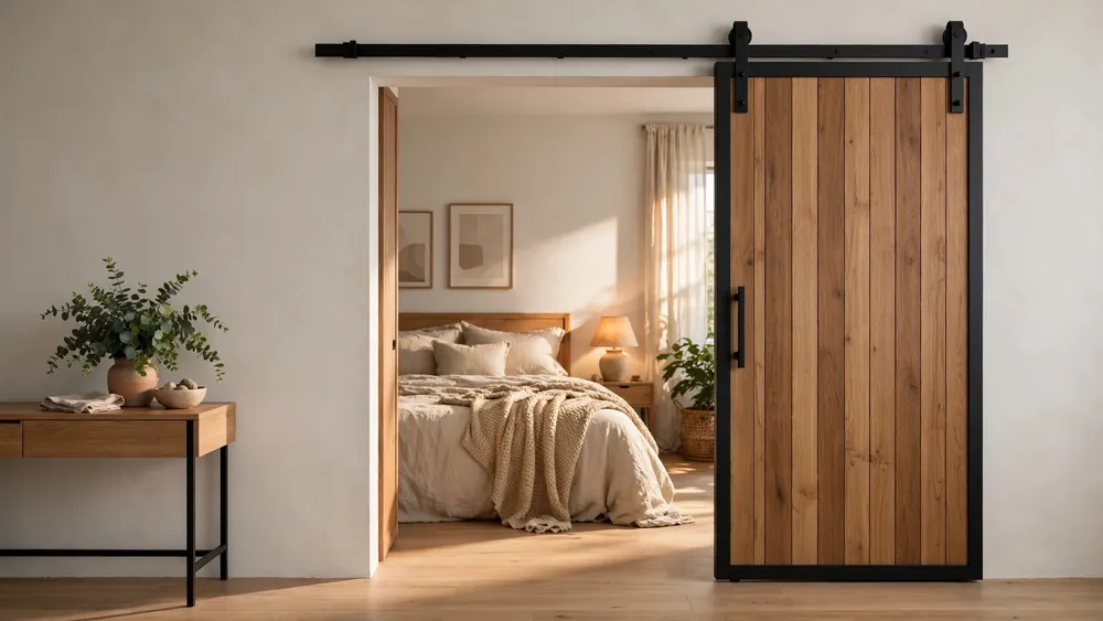 Modern interior with a wooden sliding door in a black metal frame opening to a cozy bedroom – home decor idea