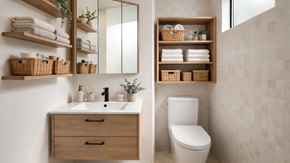 Compact bathroom with floating vanity, mirrored cabinet and wall shelves – home decor idea
