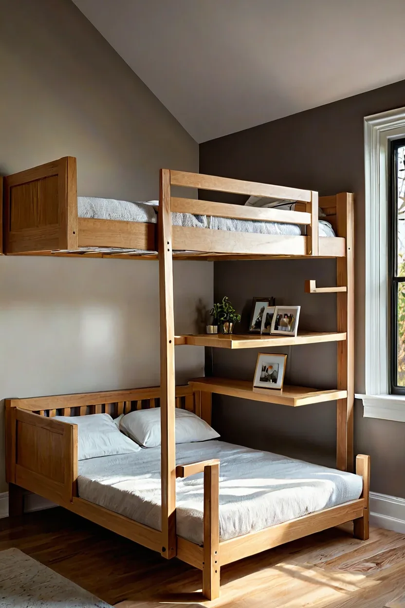 A smart space saving small kids room idea featuring a custom wooden loft bed.