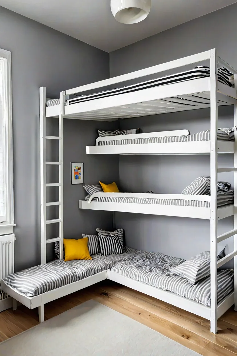 Custom L shaped corner bunk bed layout featured in expert small kids room ideas