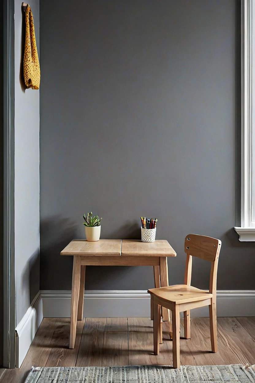 Wall mounted wooden drop leaf table showcasing functional small kids room ideas for homework