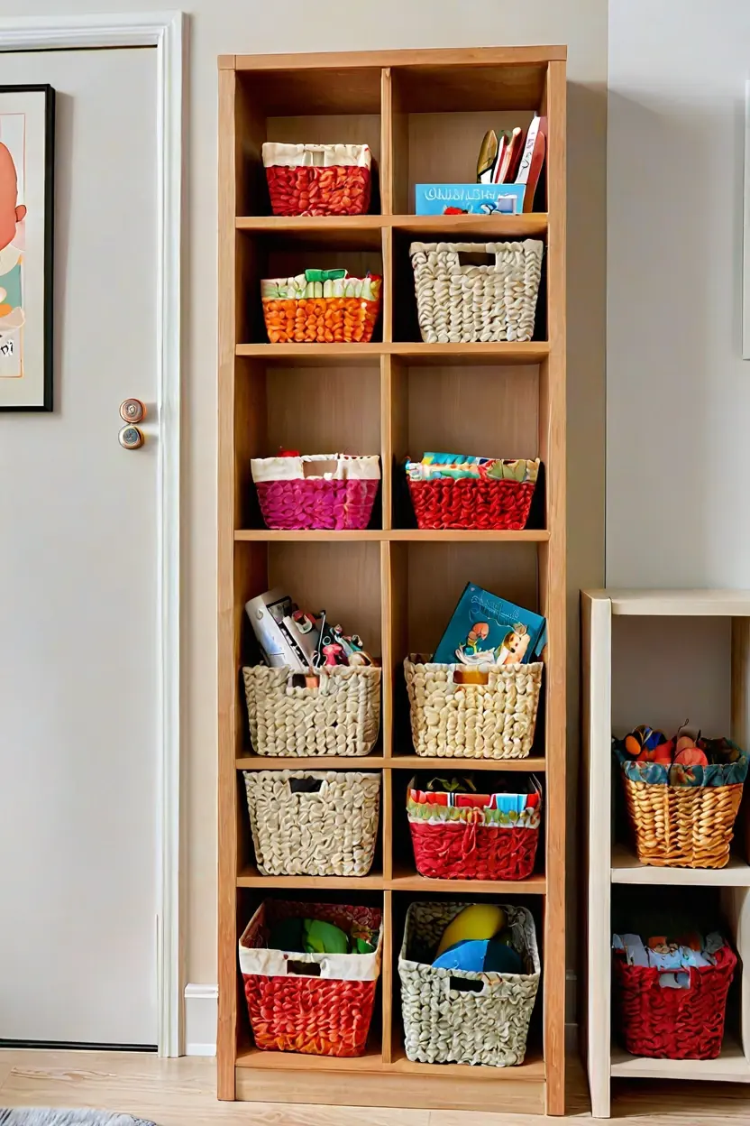 Modular birch plywood cubby storage unit featured in our small kids room ideas collection