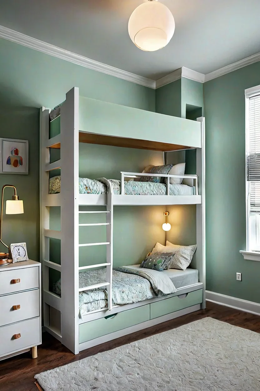 White bridge cabinets mounted above a twin bed for smart small kids room ideas storage