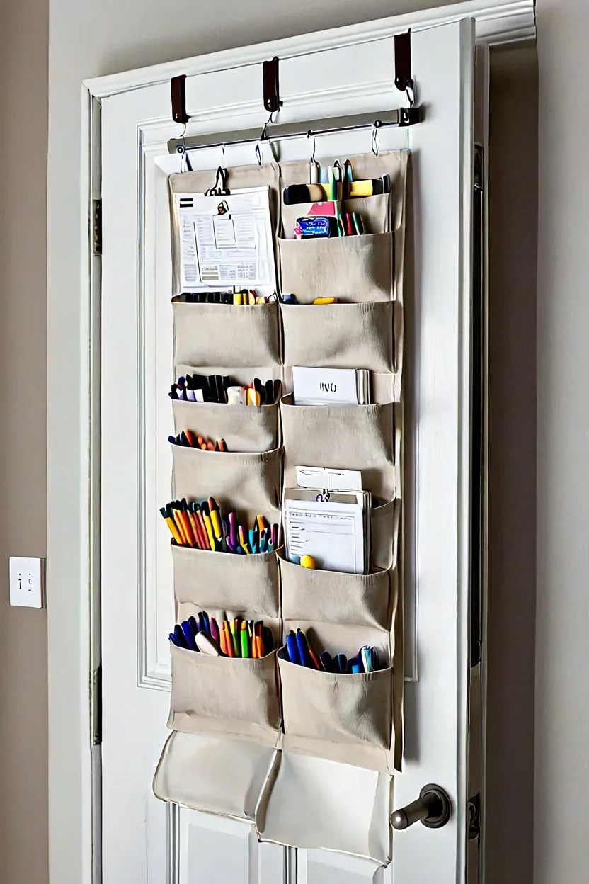 Hanging door organizer highlighting smart small kids room ideas for clutter control.