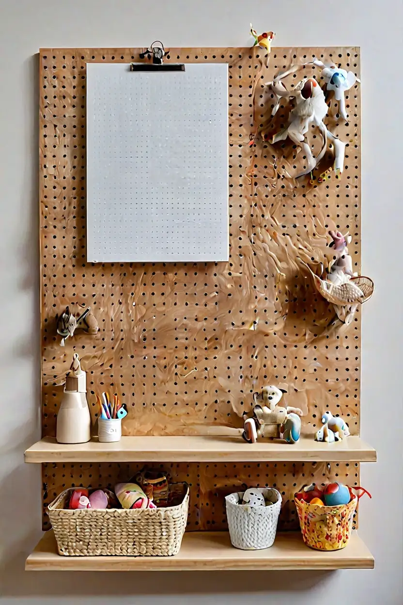 Vertical pegboard storage featured in clever small kids room ideas for organization.
