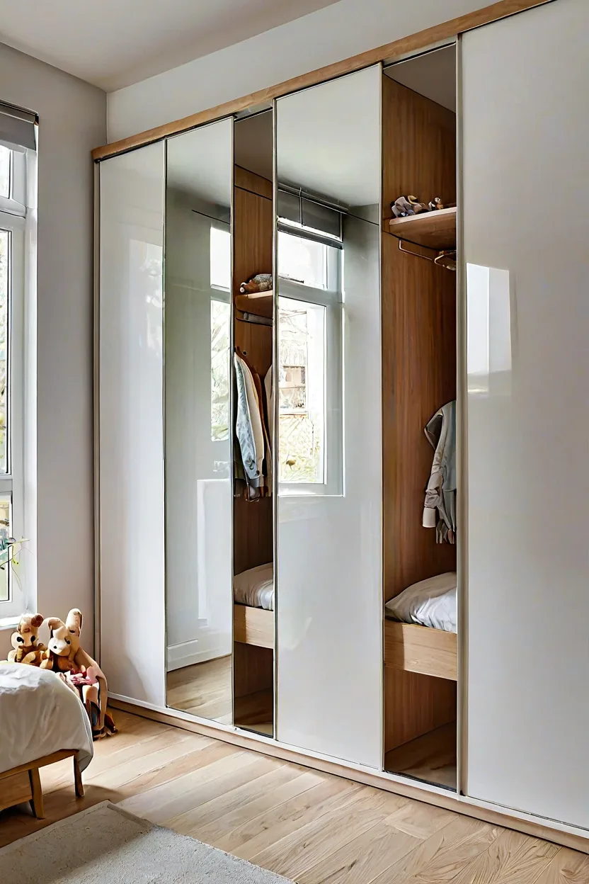 Full length mirrored sliding wardrobe doors reflecting light in a bright small kids room ideas setup