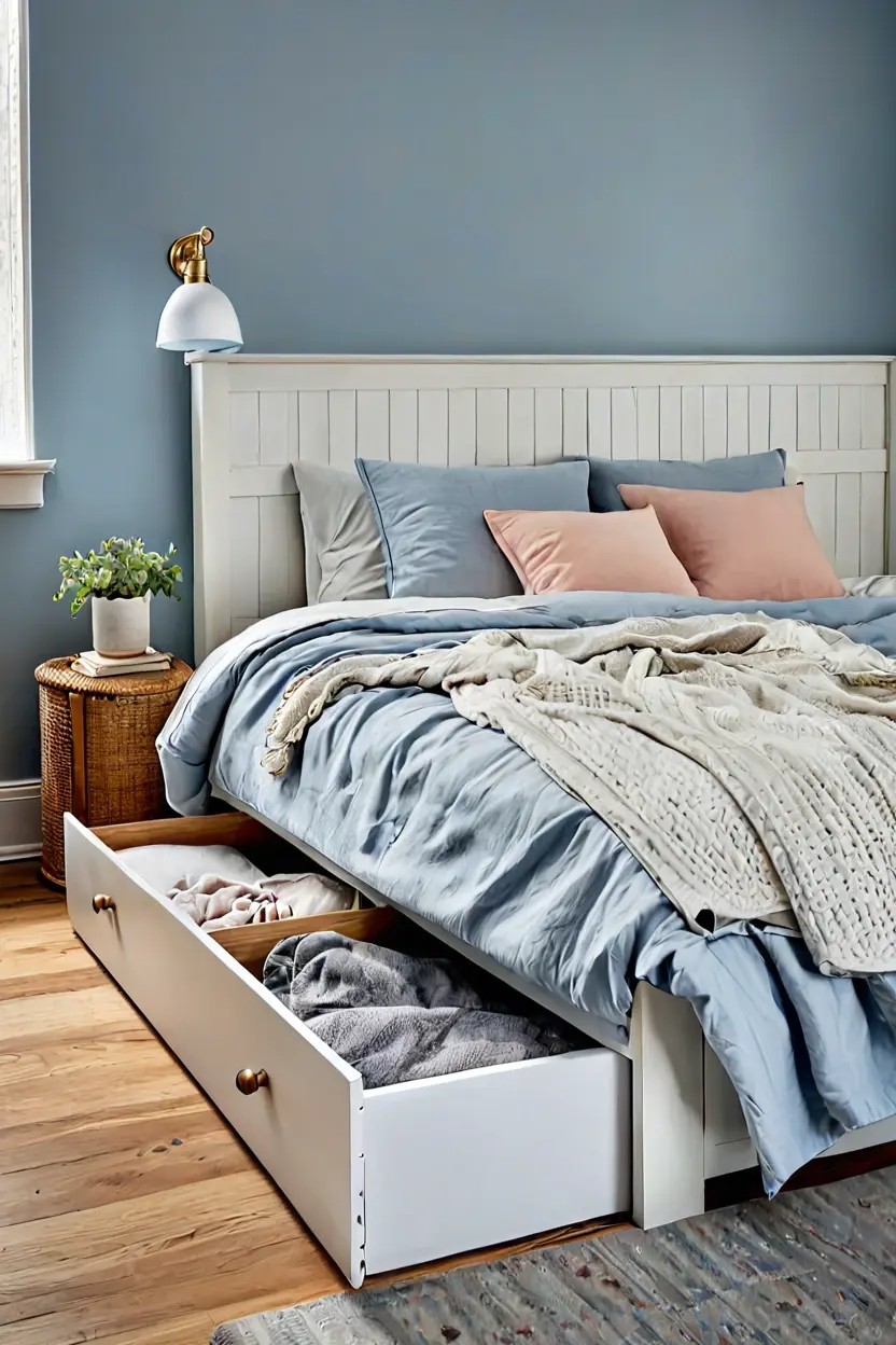 Under bed storage drawers demonstrating practical small kids room ideas.