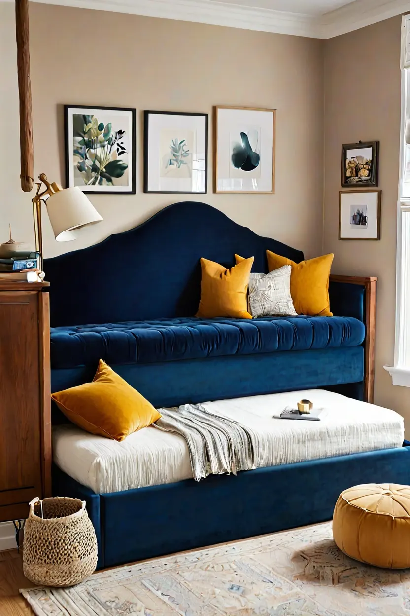 Navy blue upholstered daybed acting as a sofa in a practical small kids room ideas layout