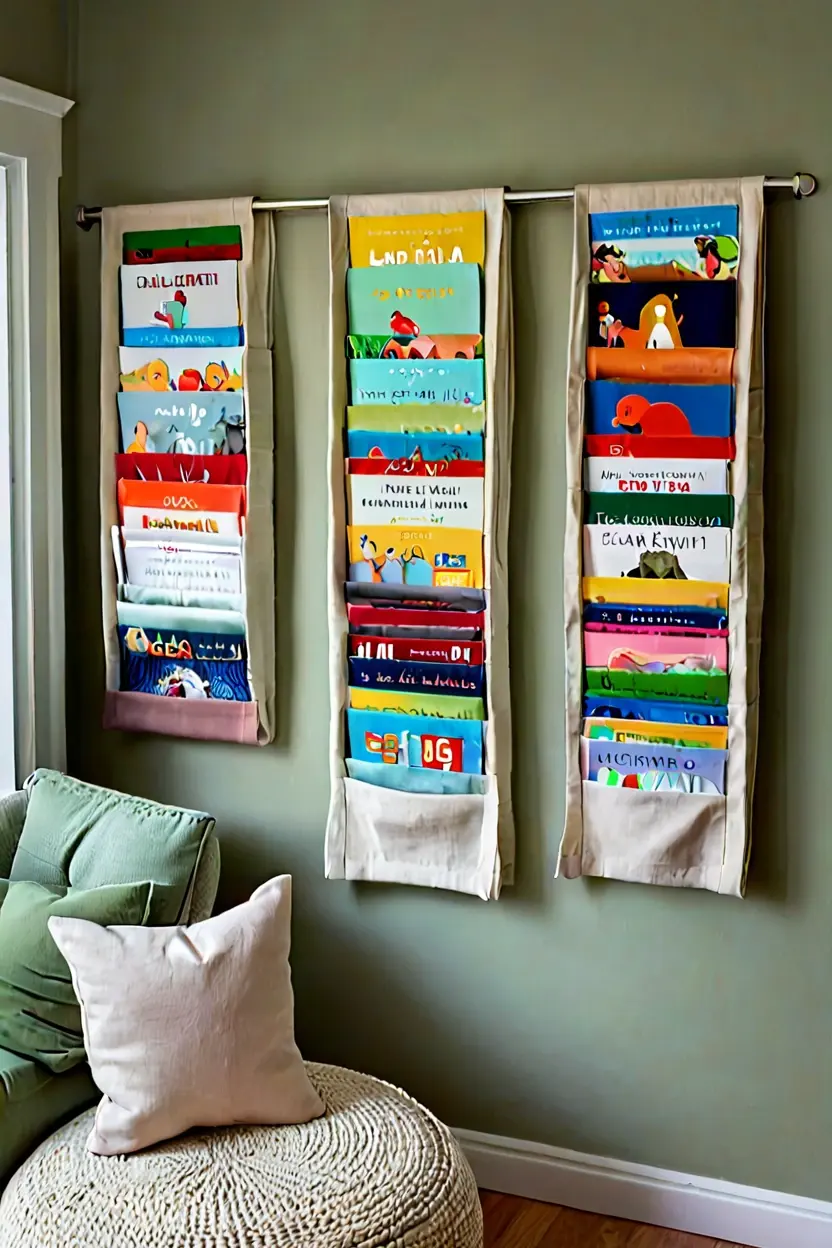Canvas fabric book slings mounted on a wall for clever small kids room ideas book storage