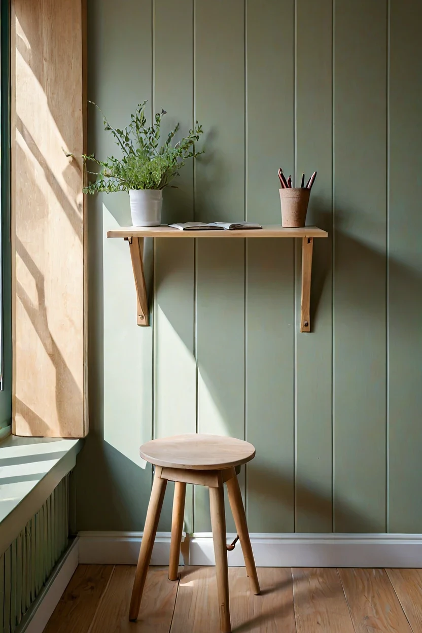 Compact wall mounted desk showing functional small kids room ideas for homework.