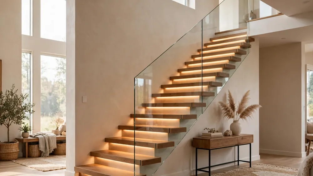 Modern floating wooden staircase with glass railing and warm step lighting – home decor idea