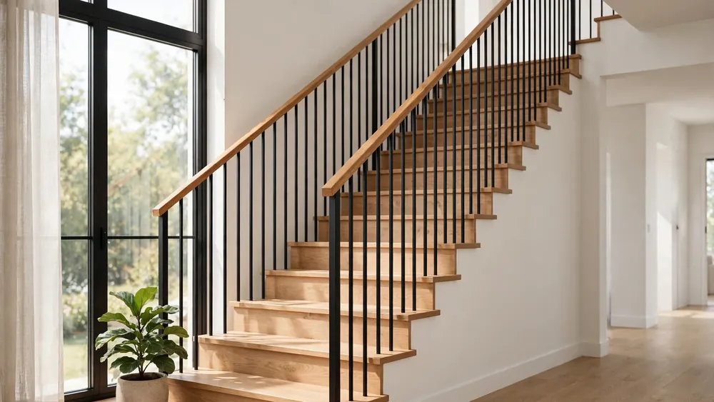 Modern staircase with black metal balusters and a wooden handrail in a bright hallway – home decor idea
