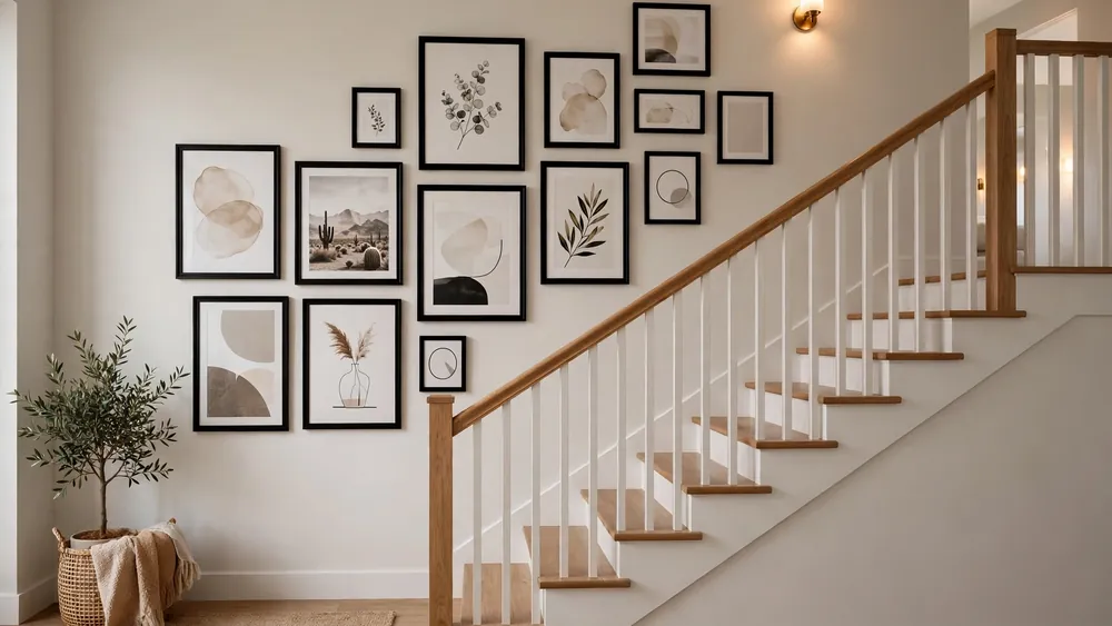 Staircase wall styled as a gallery wall with framed art prints ascending alongside the stairs – home decor idea