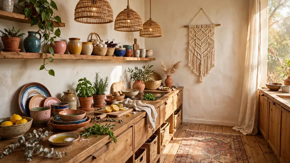 Cozy boho kitchen with rattan pendants, plants and earthy terracotta tones – home decor idea