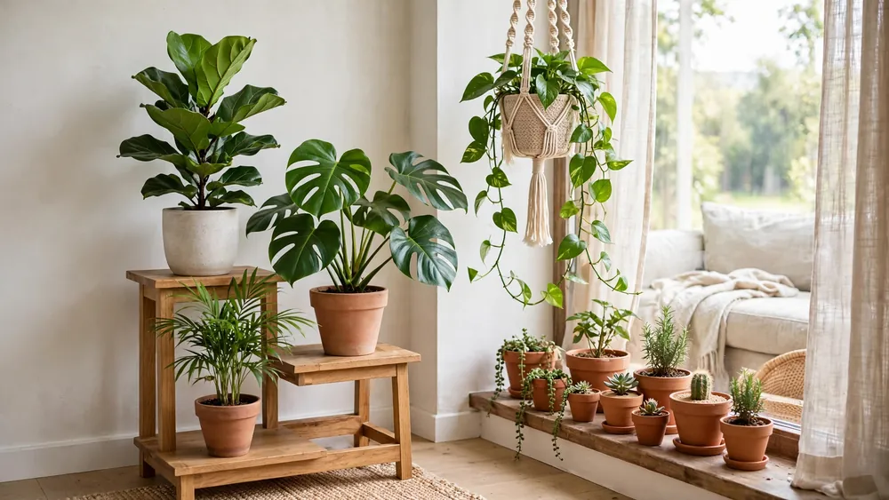 Stylish indoor plant display with tiered wooden plant stands, macrame hanging planter and terracotta pots – home decor idea