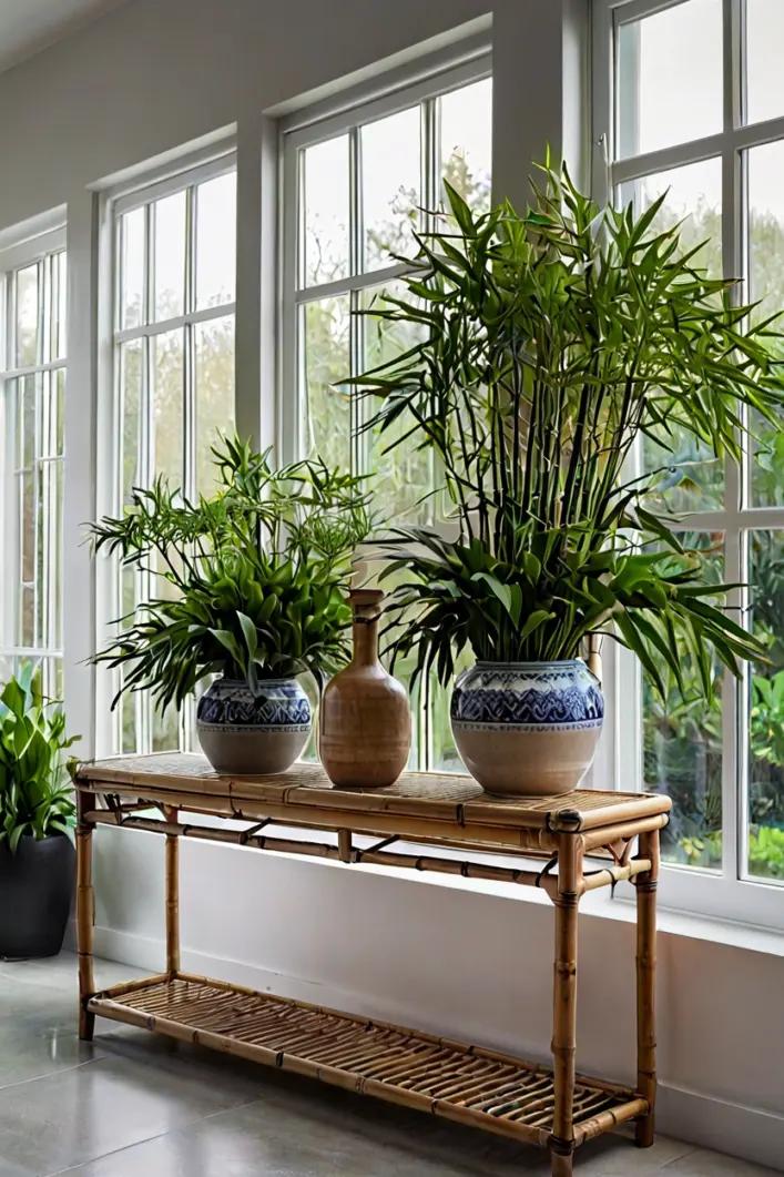 Bamboo Console Table Natural bamboo console table illustrating smart sunroom furniture ideas for plant display.
