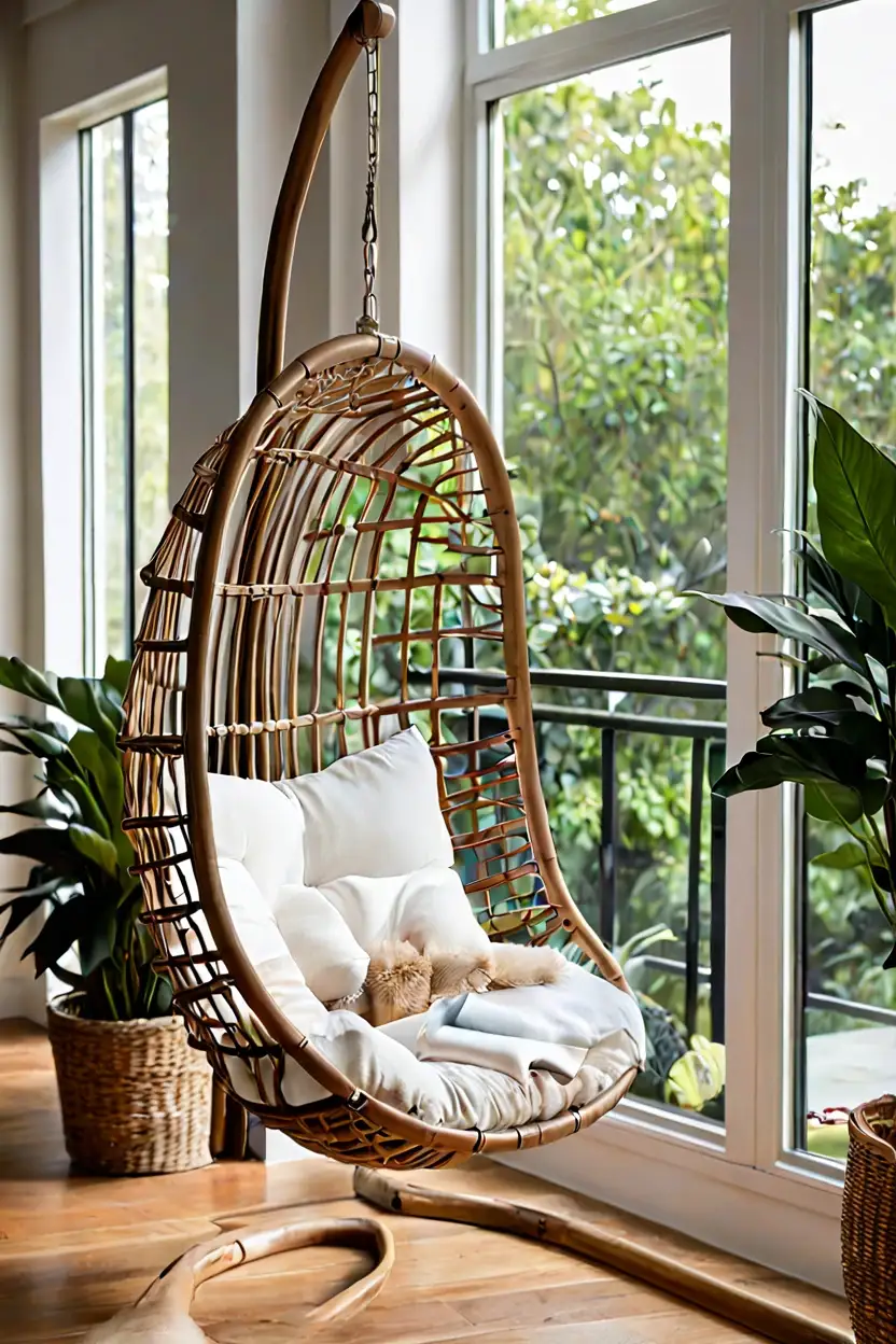 Breezy Rattan Hanging Chair Woven rattan hanging chair illustrating cozy sunroom furniture ideas for reading corners.
