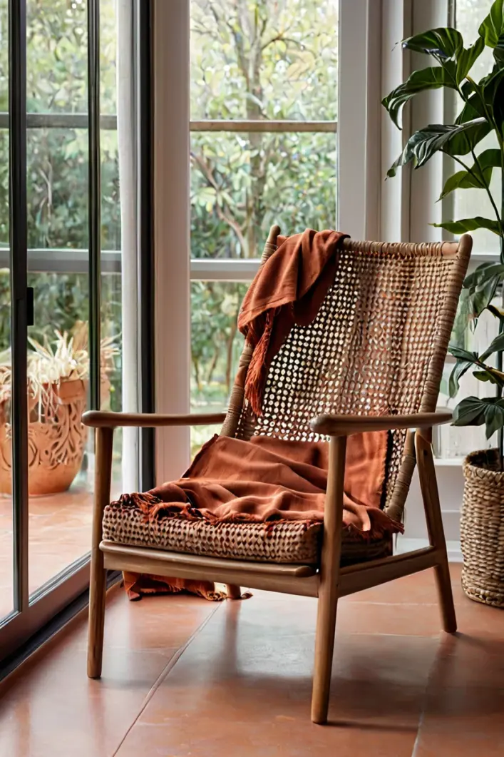 Cane Back Accent Chairs Mid-century wooden armchair featuring classic sunroom furniture ideas with cane details.
