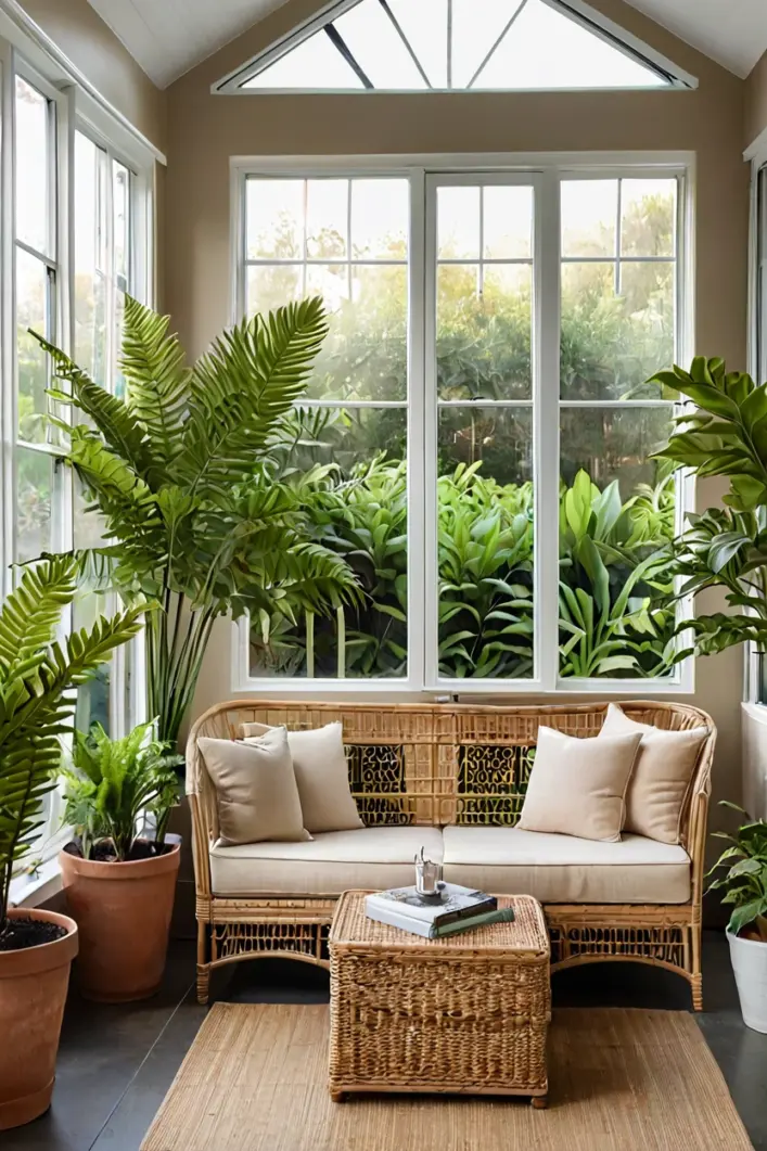 Classic Wicker Seating Set Classic rattan wicker sofa and chairs showcasing traditional sunroom furniture ideas with green plants.