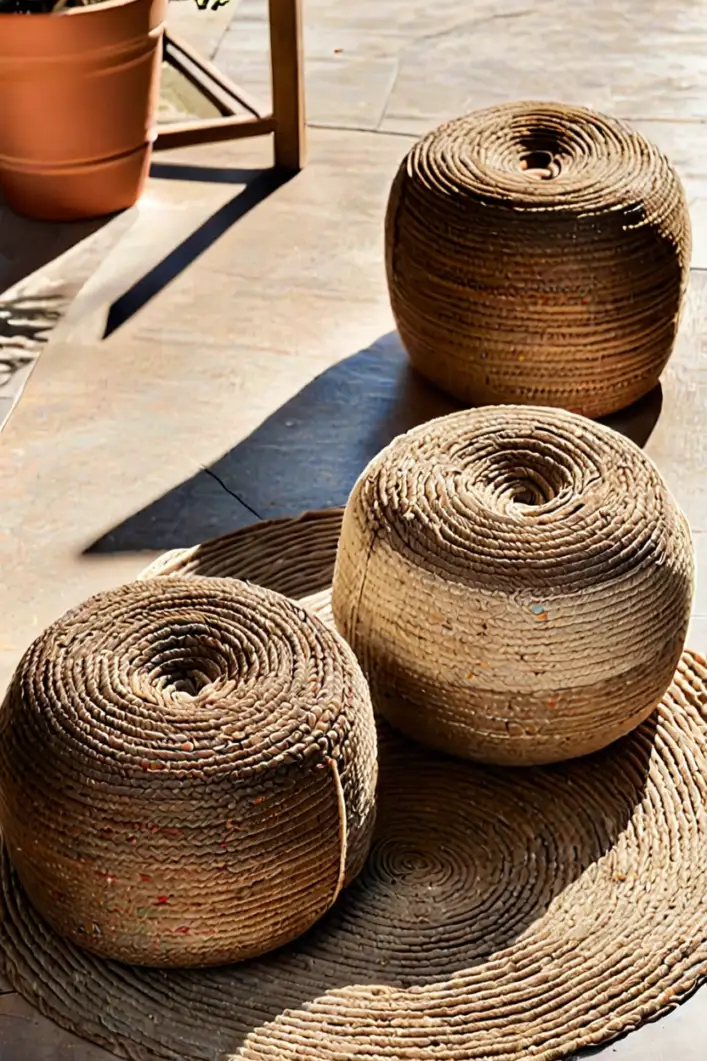 Hemp Rope Pouf Ottomans Hand braided hemp rope poufs for textural sunroom furniture ideas