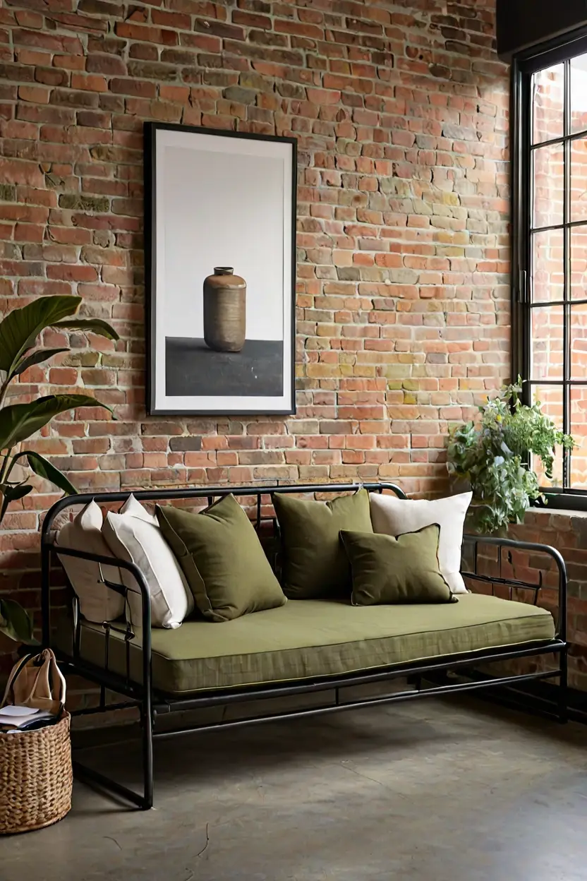 Industrial Iron Daybed Industrial iron daybed with olive green cushions for practical sunroom furniture ideas