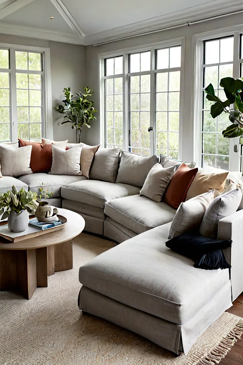 L-Shaped Sectional Sofa Spacious grey L-shaped sectional sofa demonstrating comfortable sunroom furniture ideas for large families.