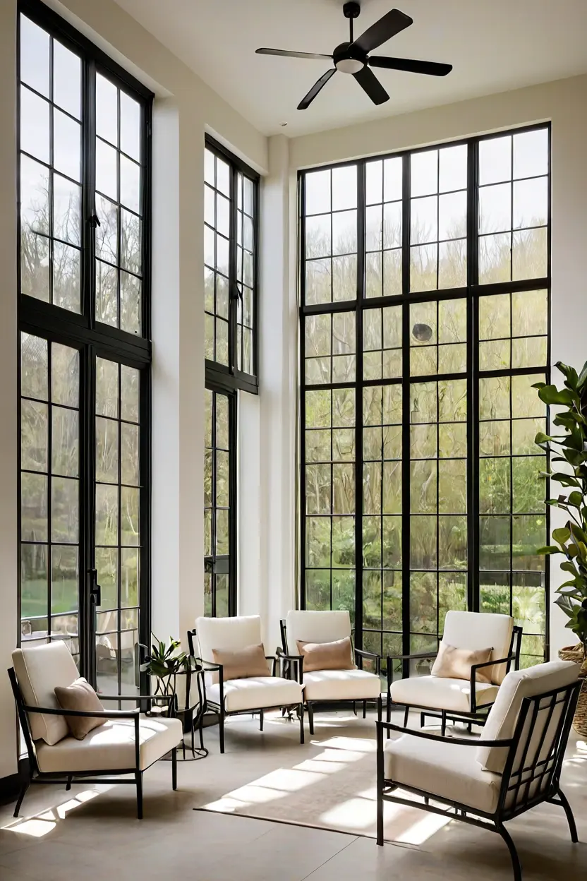 Minimalist Metal Frame Lounge Sleek black metal frame chairs highlighting modern sunroom furniture ideas for bright spaces.