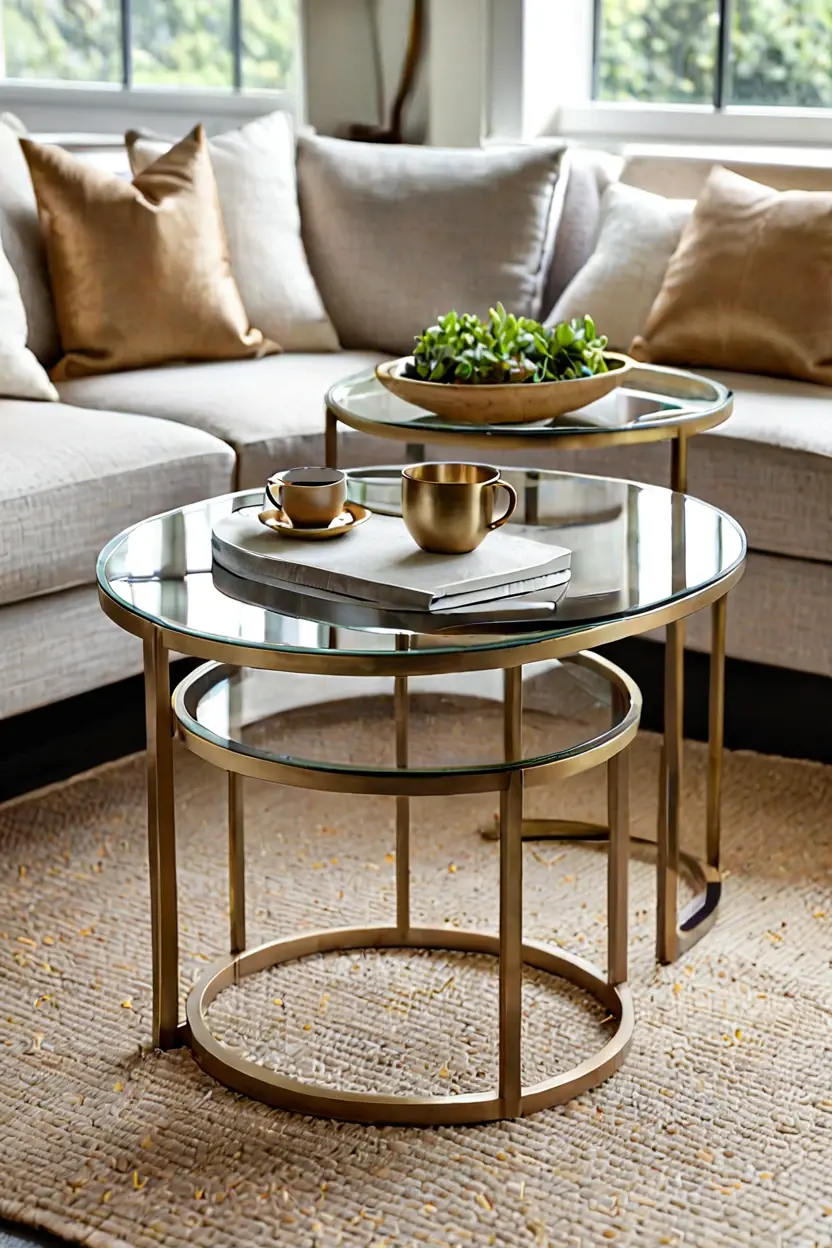 Nesting Coffee Tables Brass and glass nesting tables highlighting versatile sunroom furniture ideas.