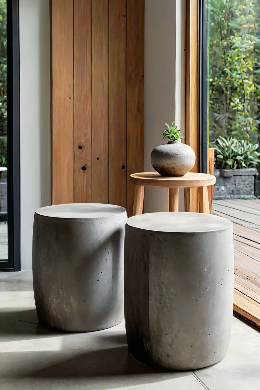 Outdoor Concrete Stools Minimalist grey concrete stools highlighting industrial sunroom furniture ideas.