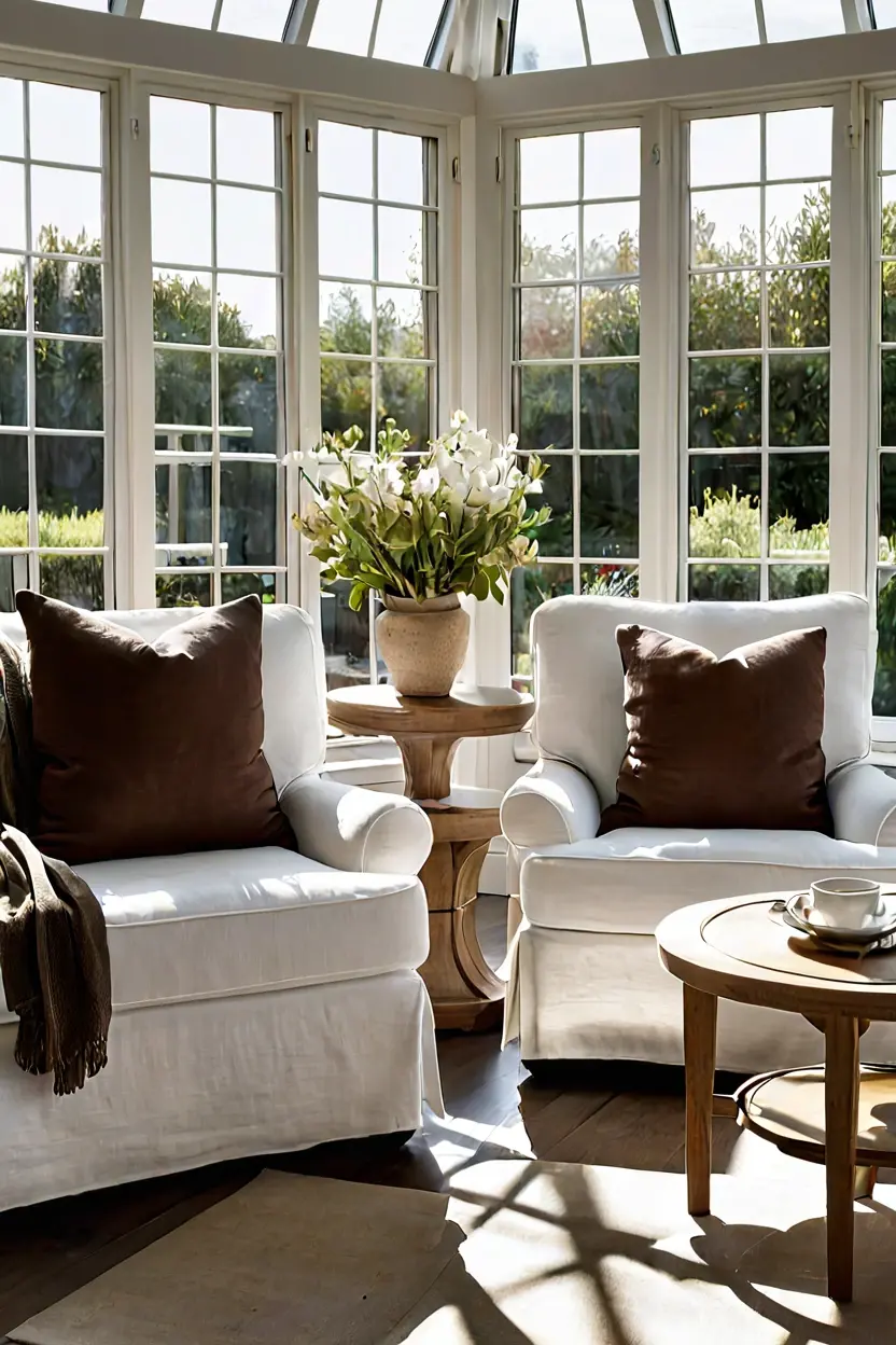 Performance Fabric Armchairs White slipcovered armchairs representing practical sunroom furniture ideas with performance fabrics.