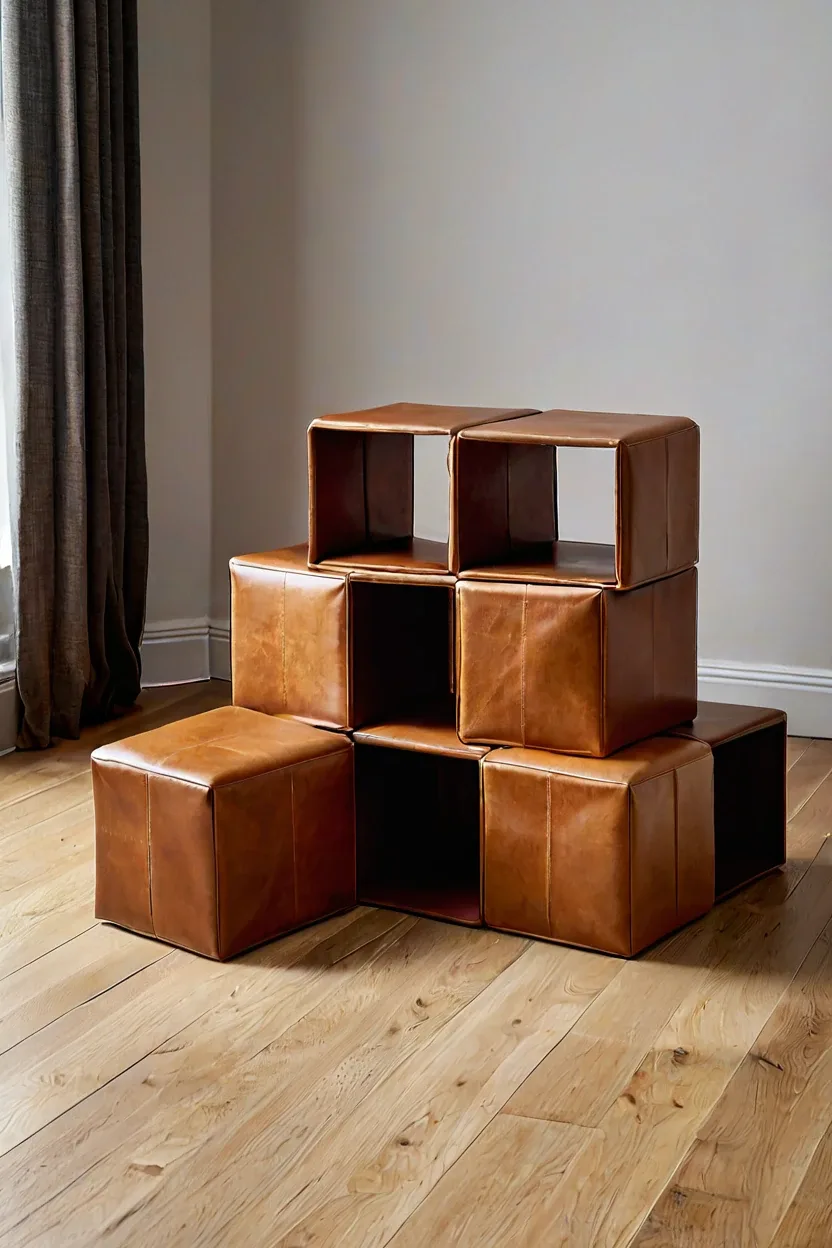 Storage Ottoman Cube Cluster Cognac brown storage cube ottomans used as functional sunroom furniture ideas